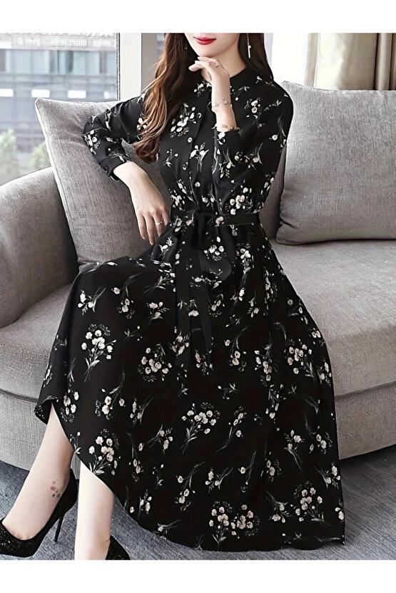 MDB Kadın Uzun Kollu Hakim Yakalı Düğmeli Kuşaklı Desenli Maxi Mikro Süprem Elbise