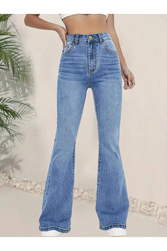 Kadın Yüksek Bel İspanyol Paça Kot Pantolon