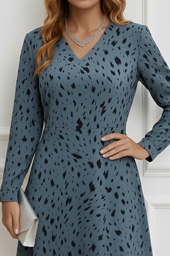 Kadın Uzun Kollu V Yakalı Desenli Kısa Keten Elbise