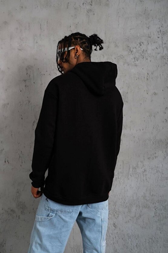 Erkek Oversize Kapüşonlu Sweatshirt – Siyah Renk Üç İplik İçi Pamuklu Kanguru Cepli Baskılı Hoodie R