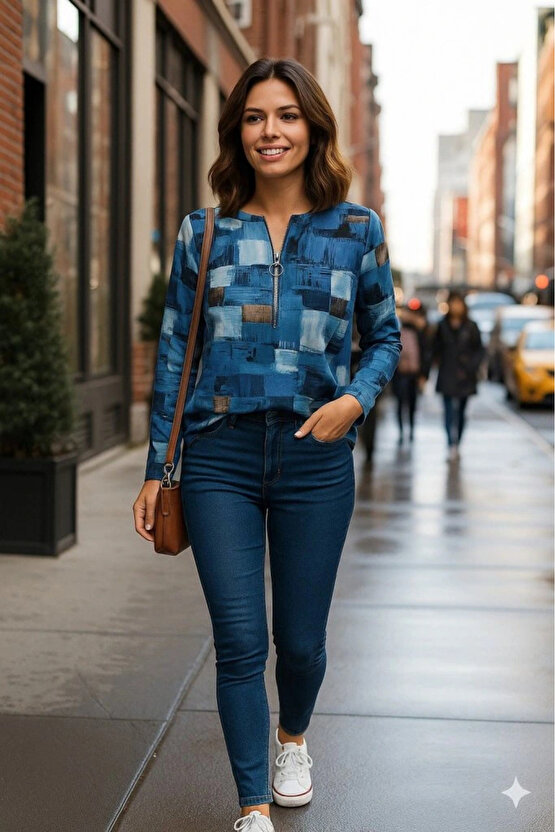 Kadın Uzun Kollu Yakadan Fermuarlı Kot Görünüm Desenli Uzun Modal Bluz