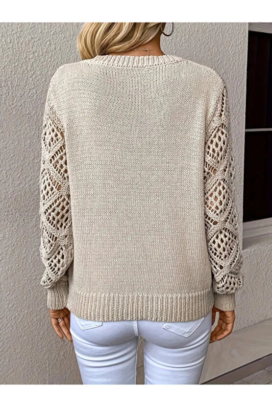 Kadın Uzun Kollu V Yaka Kol Delikli Baklava Desen Detaylı Triko Kazak