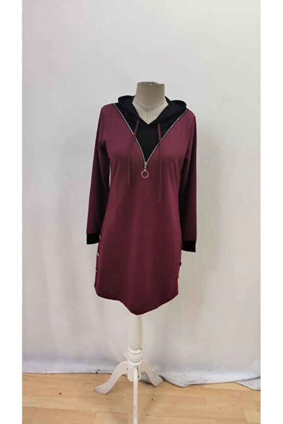 Kadın Uzun Kollu Kapşonlu önden Fermuarlı Düğmeli Mini Iki Iplik Elbise