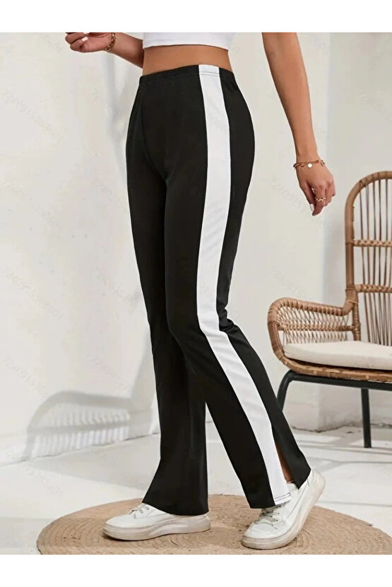 MDB Kadın Yüksek Bel Yan şerit Detaylı Yırtmaçlı Viskon Iki Iplik Pantolon