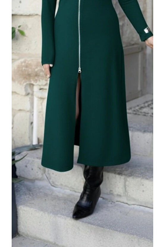 Kadın Uzun Kollu önden Fermuarlı Ithal Krep Elbise