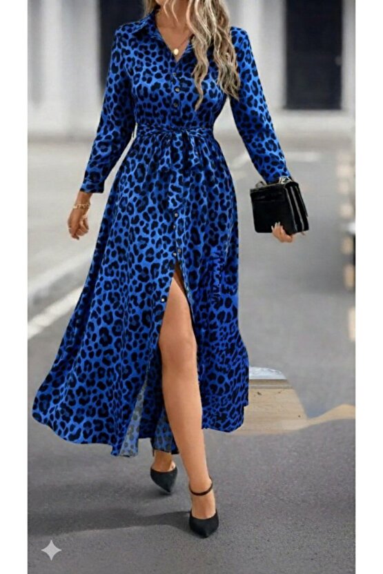 Kadın Uzun Kollu Yakalı Belden Kuşaklı Leopar Desenli Modal Uzun Elbise