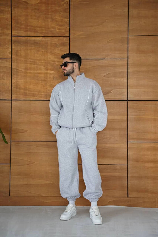 Erkek Premium Parçalı Eşofman Takım - Dik Yaka Fermuarlı Biyeli Sweatshirt Lastik Paça Alt, Oversize
