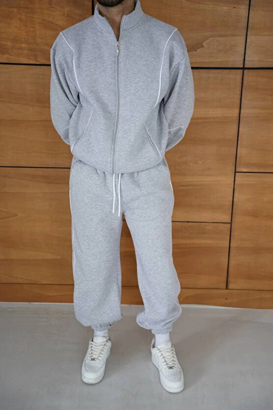 Erkek Premium Parçalı Eşofman Takım - Dik Yaka Fermuarlı Biyeli Sweatshirt Lastik Paça Alt, Oversize