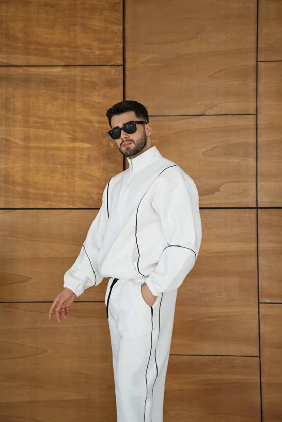 Erkek Premium Parçalı Eşofman Takım - Dik Yaka Fermuarlı Biyeli Sweatshirt Lastik Paça Alt, Oversize