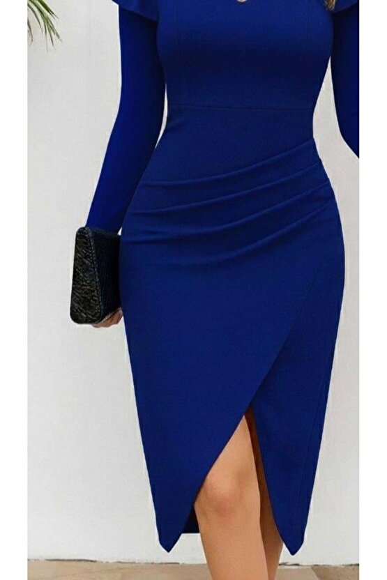 Kadın Uzun Kollu Kalp Yaka önden çapraz Detaylı Midi Ithal Krep Elbise