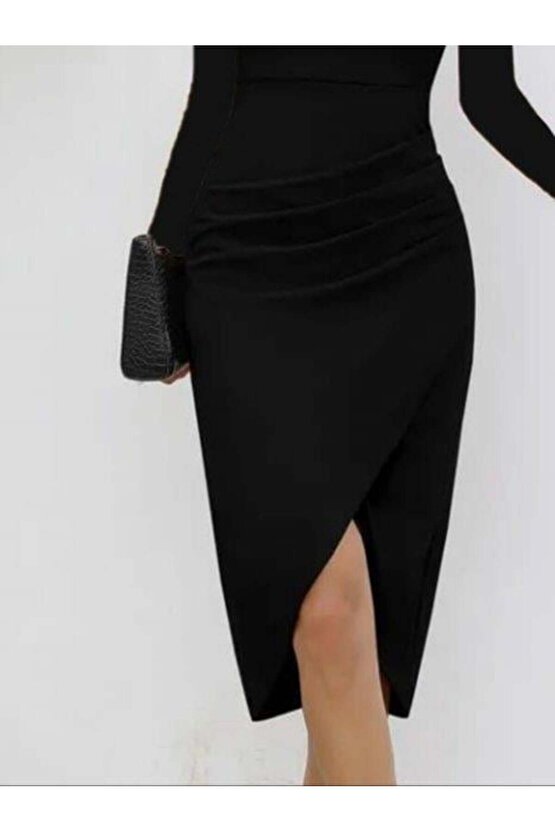 Kadın Uzun Kollu Kalp Yaka önden çapraz Detaylı Midi Ithal Krep Elbise