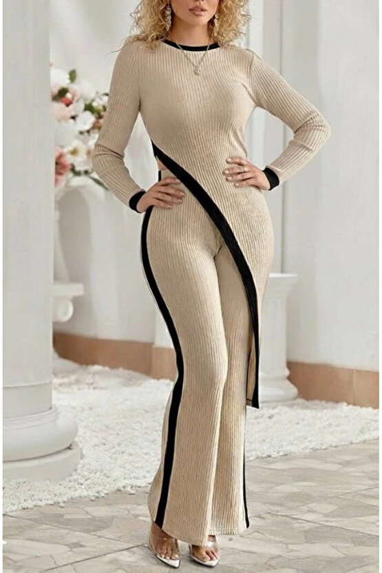 Kadın Uzun Kollu Bisiklet Yaka Asimetrik Kesim Bluz şardonlu Kaşkorse Bluz Ve Pantolon Ikili Takım