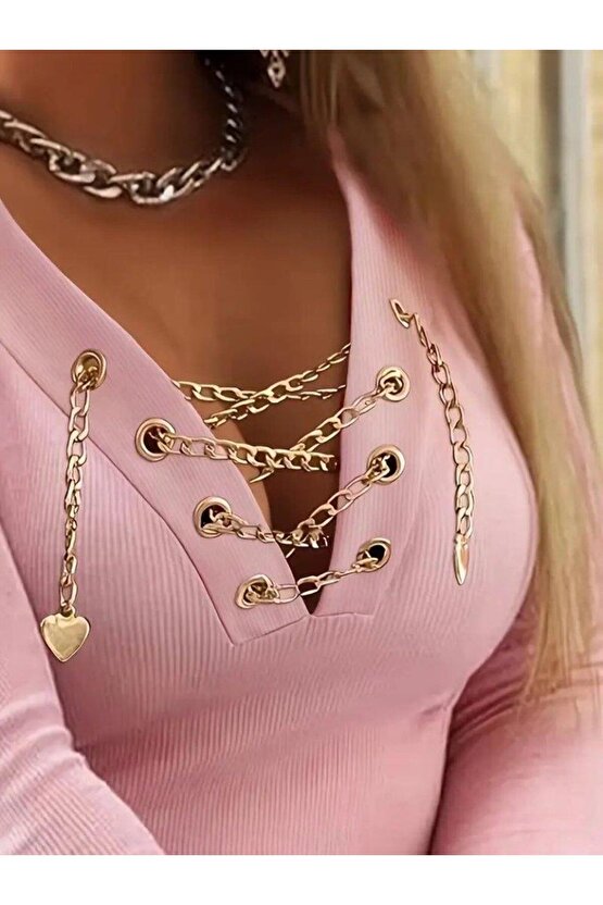 Kadın Uzun Kollu V çapraz Zincir Detaylı Kaşkorse Bluz