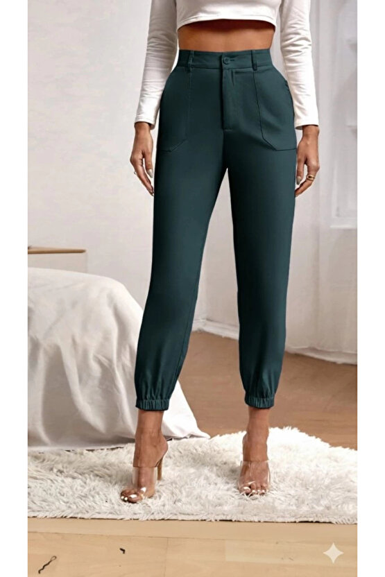 Kadın Yüksek Bel Cepli Paçası Lastikli Ithal Krep Pantolon
