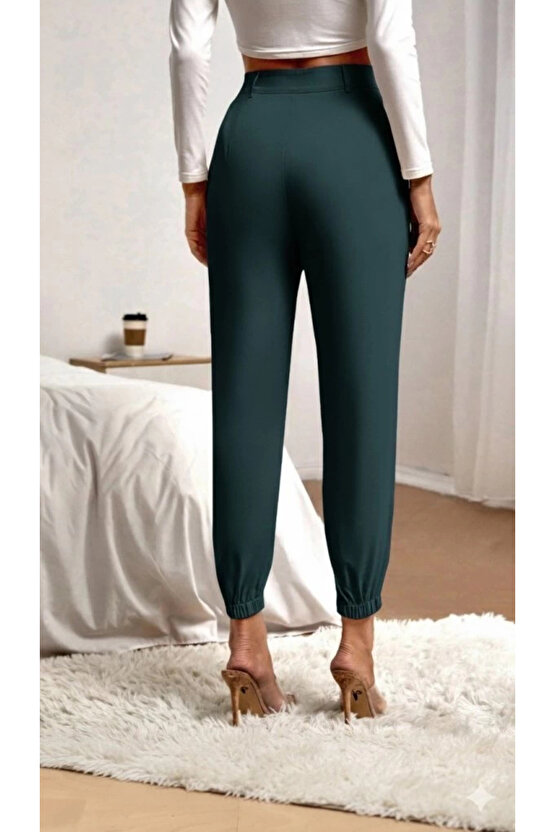 Kadın Yüksek Bel Cepli Paçası Lastikli Ithal Krep Pantolon