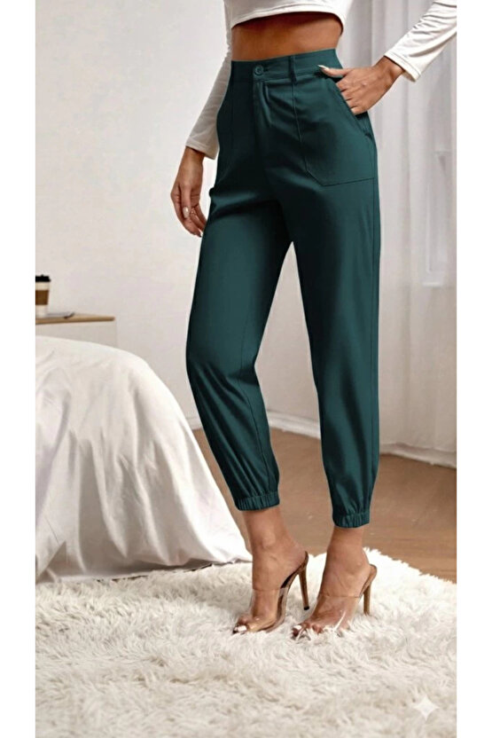 Kadın Yüksek Bel Cepli Paçası Lastikli Ithal Krep Pantolon