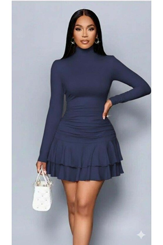 Kadın Uzun Kollu Balıkçı Yaka Mini Fırfırlı Sandy Elbise