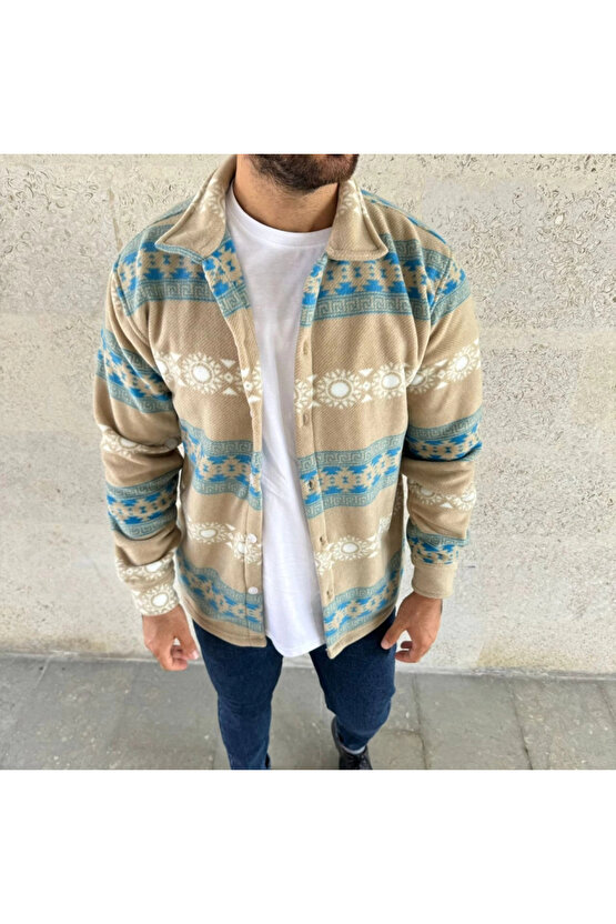 MDB Erkek Desenli Polar Gömlek – Etnik Şerit Desen Yakalı, Uzun Kollu, Düğmeli, Oversize Rahat Kalıp