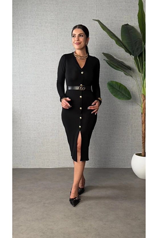 Kadın Uzun Kollu V Yakalı önden Düğmeli Yırtmaçlı Modal Midi Kemersiz Elbise