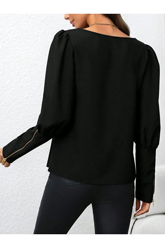 Kadın Uzun Kollu Bisiklet Yaka Fermuar Detaylı Ithal Krep Bluz