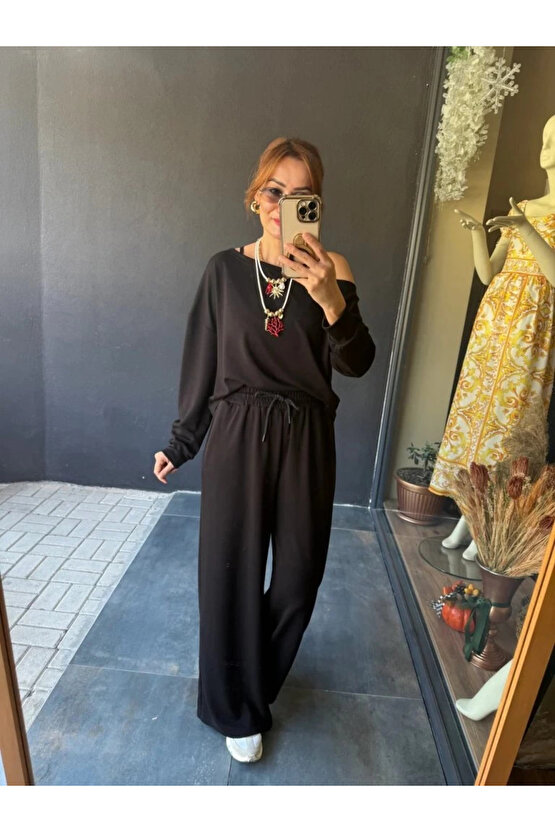 Kadın Uzun Kollu Tek Omuzdan Açık Viskon Iki Iplik Bluz Ve Pantolon Ikili Takım