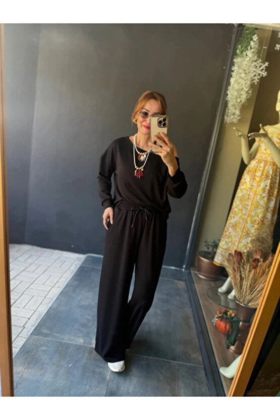 Kadın Uzun Kollu Tek Omuzdan Açık Viskon Iki Iplik Bluz Ve Pantolon Ikili Takım