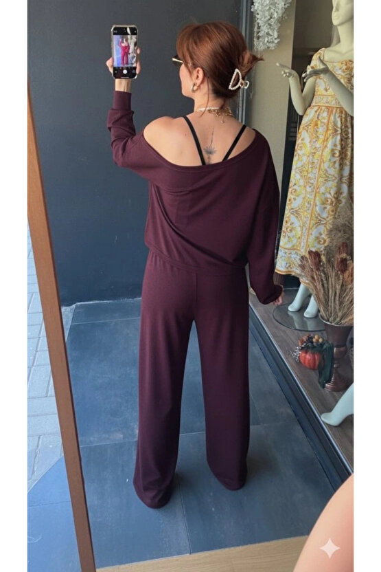 Kadın Uzun Kollu Tek Omuzdan Açık Viskon Iki Iplik Bluz Ve Pantolon Ikili Takım