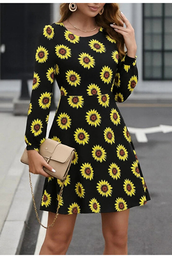 Kadın Uzun Kollu Bisiklet Yaka Desenli Kısa Krep Elbise