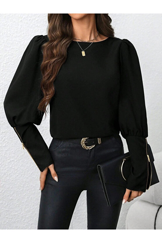 Kadın Uzun Kollu Bisiklet Yaka Fermuar Detaylı Ithal Krep Bluz