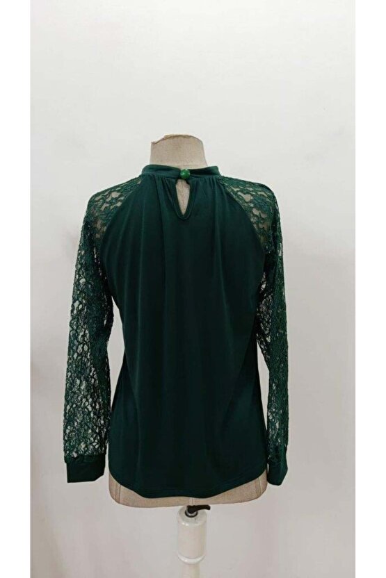 Kadın Uzun Dantel Kollu Yuvarlak Yakalı Sandy Bluz