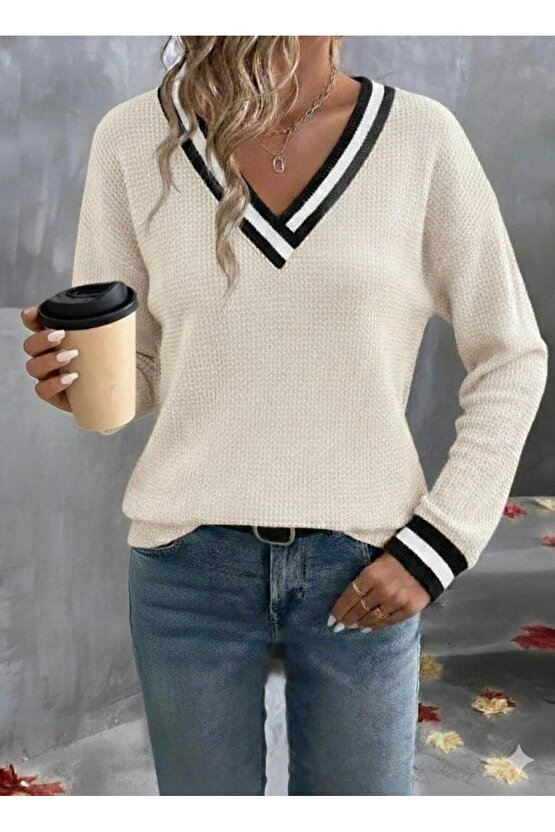 Kadın Uzun Kollu V Yakalı Waffle Bluz