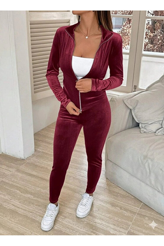 Kadın Uzun Kollu önden Fermuarlı Kadife Bluz Ve Pantolon Ikili Takım