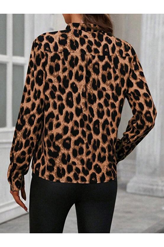 MDB Kadın Uzun Kollu V Yakalı Leopar Desenli Modal Bluz