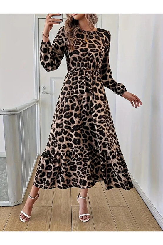 MDB Uzun Kollu Bisiklet Yaka Leopar Desenli Midi Süprem Elbise