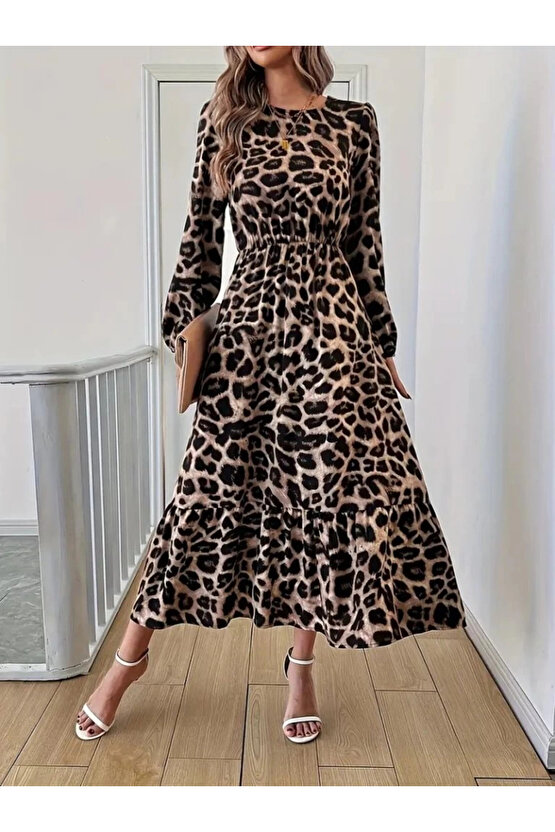 MDB Uzun Kollu Bisiklet Yaka Leopar Desenli Midi Süprem Elbise