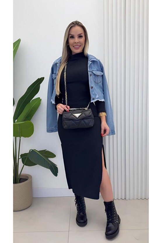 Kadın Uzun Kollu Balıkçı Yakalı Yanlardan Yırtmaçlı Kaşkorse Maxi Elbise