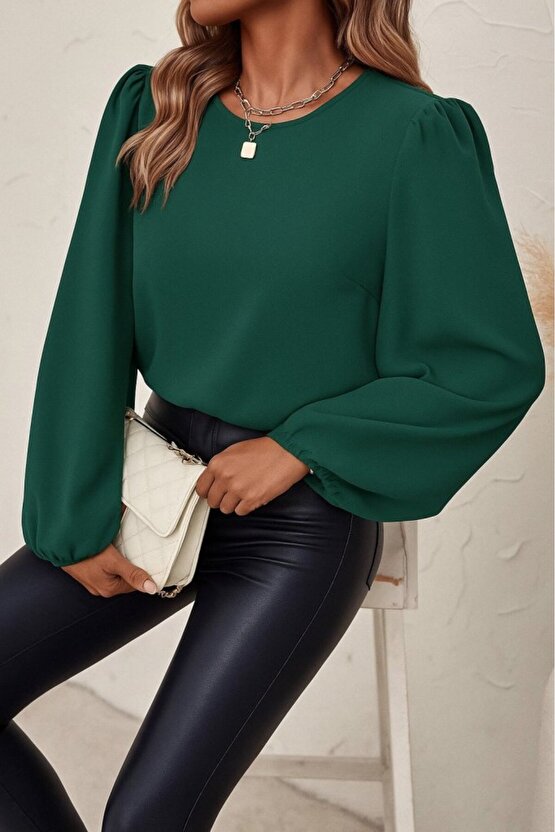 Kadın Uzun Kollu Yuvarlak Yaka Arkadan Bağcıklı Salaş Ithal Krep Bluz