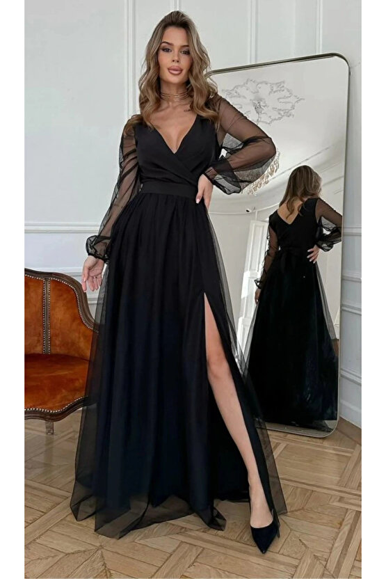 Kadın Uzun Kollu Kruvaze Yakalı Belden Kuşaklı Tüllü Uzun Ithal Krep Elbise