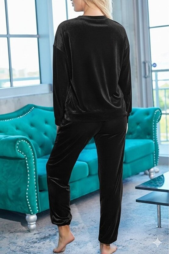 EQURİ Kadın Uzun Kollu Yuvarlak Yakalı Kadife Bluz Ve Pantolon Takım