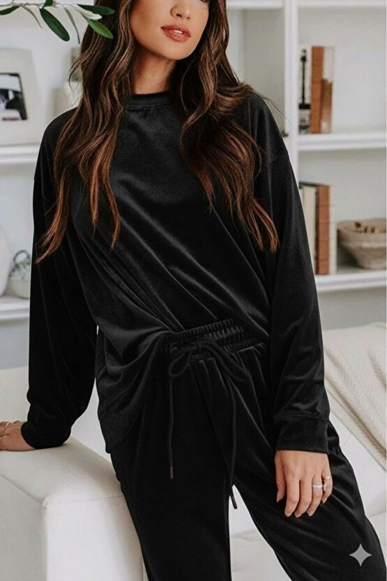 EQURİ Kadın Uzun Kollu Yuvarlak Yakalı Kadife Bluz Ve Pantolon Takım