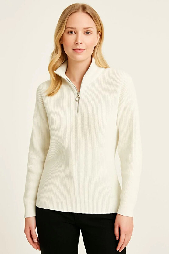 KADIN Yarım Fermuarlı Triko Kazak – Selanik Örgü, Dik Yaka, Pamuklu Dokuma, Oversize Uzun Kollu Kışl