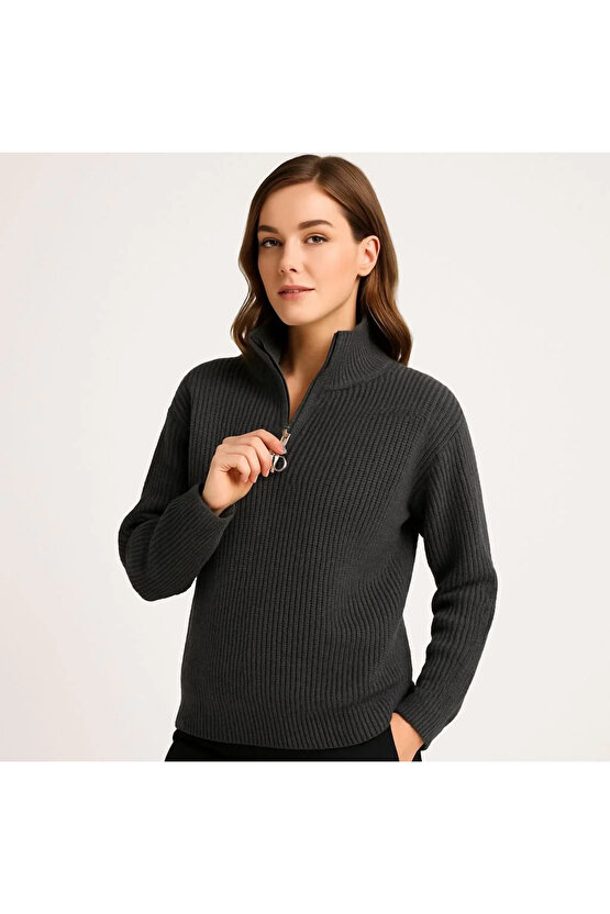 KADIN Yarım Fermuarlı Triko Kazak – Selanik Örgü, Dik Yaka, Pamuklu Dokuma, Oversize Uzun Kollu Kışl