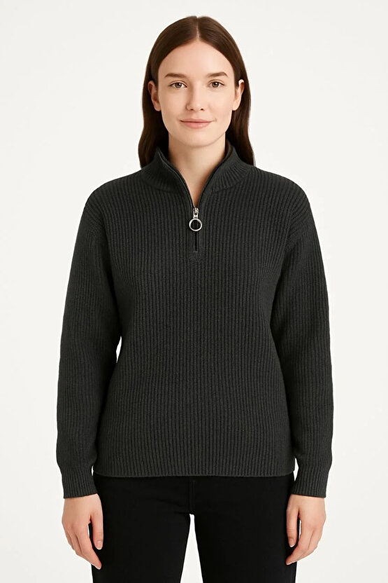 KADIN Yarım Fermuarlı Triko Kazak – Selanik Örgü, Dik Yaka, Pamuklu Dokuma, Oversize Uzun Kollu Kışl