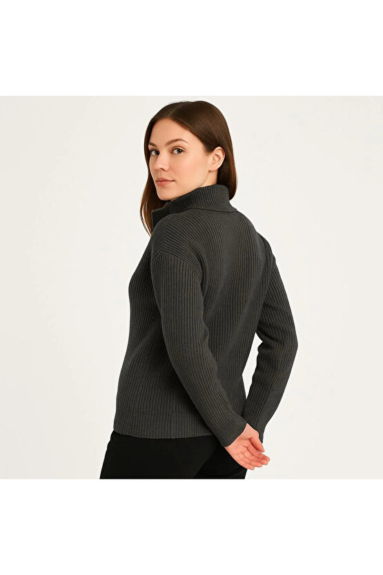 KADIN Yarım Fermuarlı Triko Kazak – Selanik Örgü, Dik Yaka, Pamuklu Dokuma, Oversize Uzun Kollu Kışl