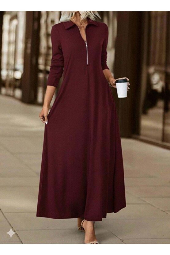 Kadın Uzun Kollu Yakalı önden Fermuarlı Uzun Viskon Iki Iplik Elbise