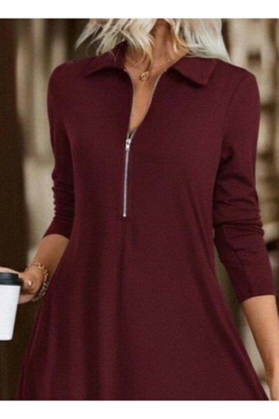 Kadın Uzun Kollu Yakalı önden Fermuarlı Uzun Viskon Iki Iplik Elbise