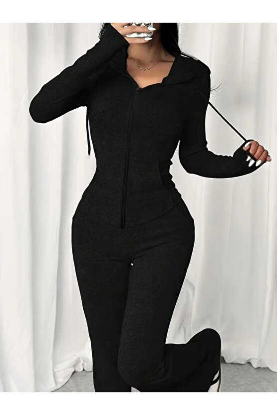 EQURİ Kadın Uzun Kollu Kapşonlu Bağcıklı önü Fermuarlı Viskon Iki Iplik Bluz Ve Pantolon Ikili Takım