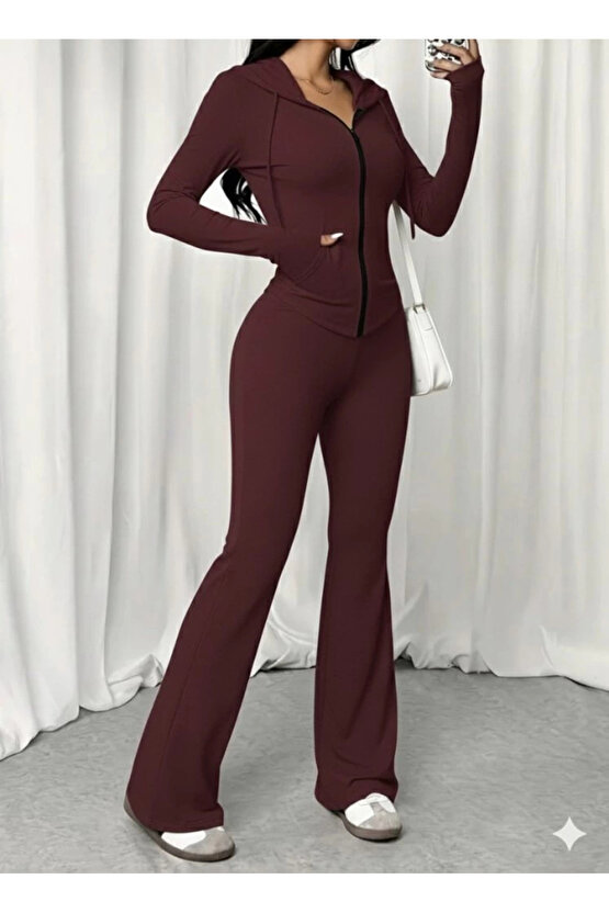 Kadın Uzun Kollu Kapşonlu Bağcıklı önü Fermuarlı Viskon Iki Iplik Bluz Ve Pantolon Ikili Takım