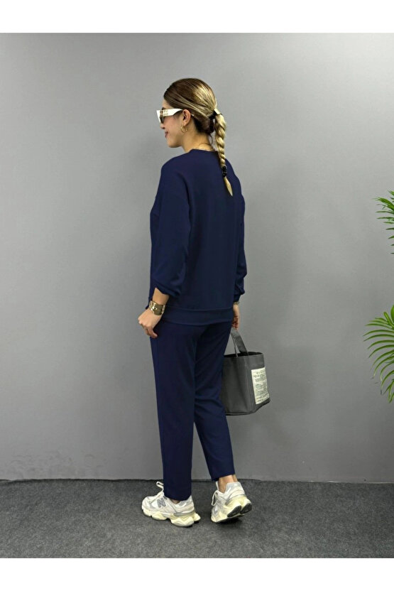 Kadın Uzun Kollu Bisiklet Yaka Viskon Iki Iplik Bluz Ve Pantolon Ikili Takım