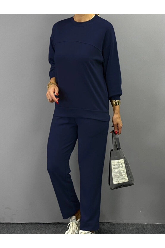 Kadın Uzun Kollu Bisiklet Yaka Viskon Iki Iplik Bluz Ve Pantolon Ikili Takım